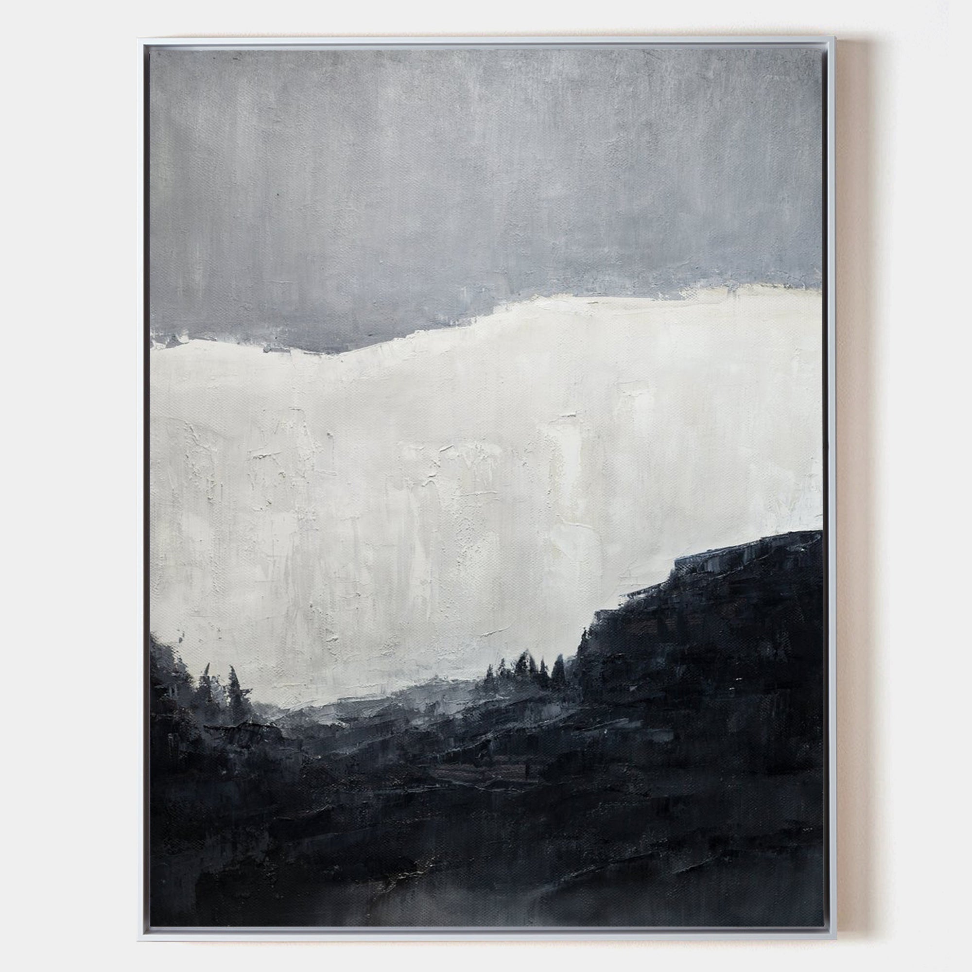 Original hand painted black white charcoal mountain valley oil painting canvas wall art, nordic scandinavian minimalist elegant luxury