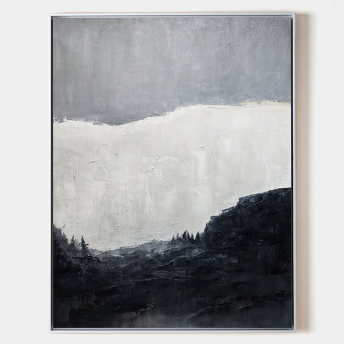 Original hand painted black white charcoal mountain valley oil painting canvas wall art, nordic scandinavian minimalist elegant luxury