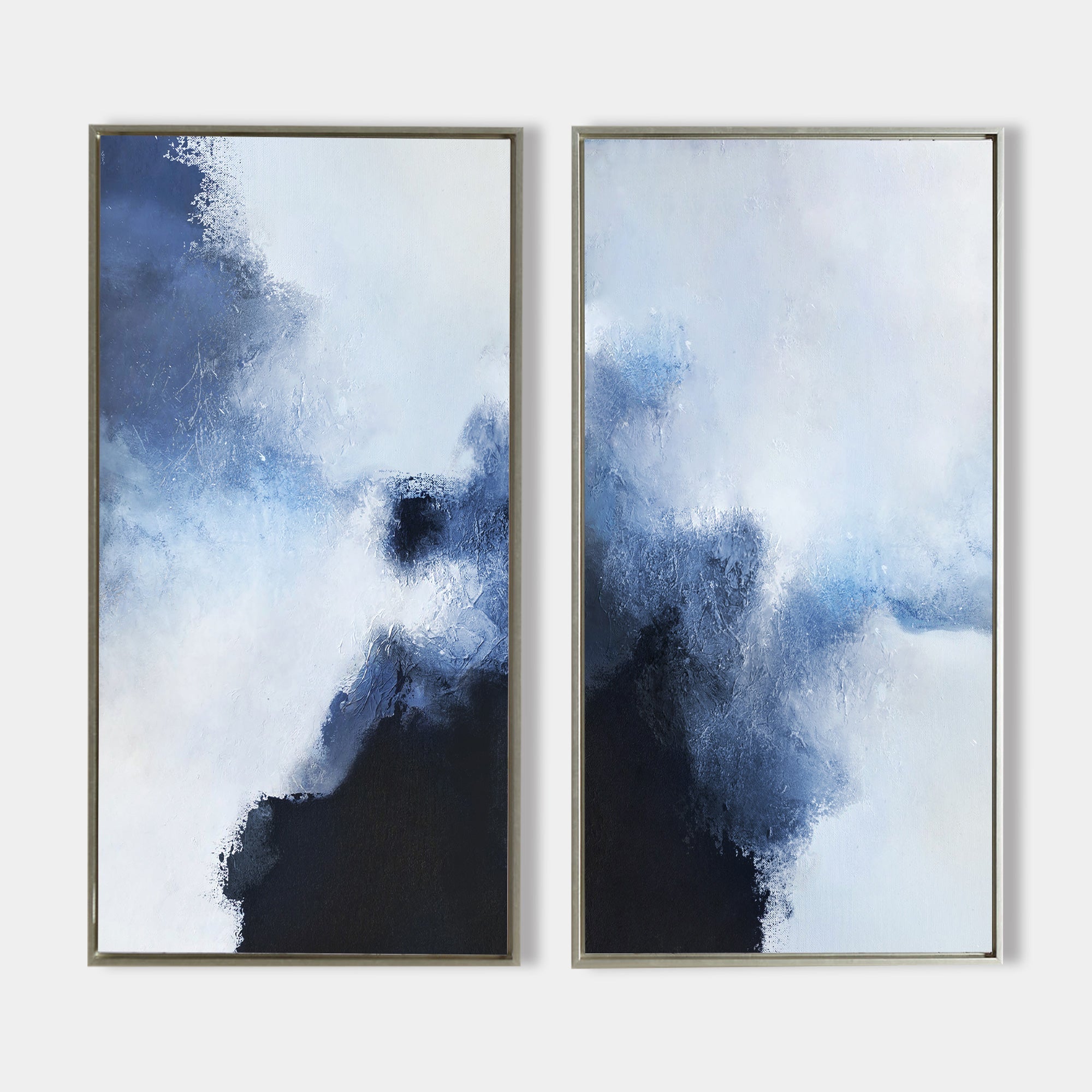 Original hand painted navy indigo abstract oil painting diptych canvas wall art, coastal scandinavian minimalist elegant luxury modern