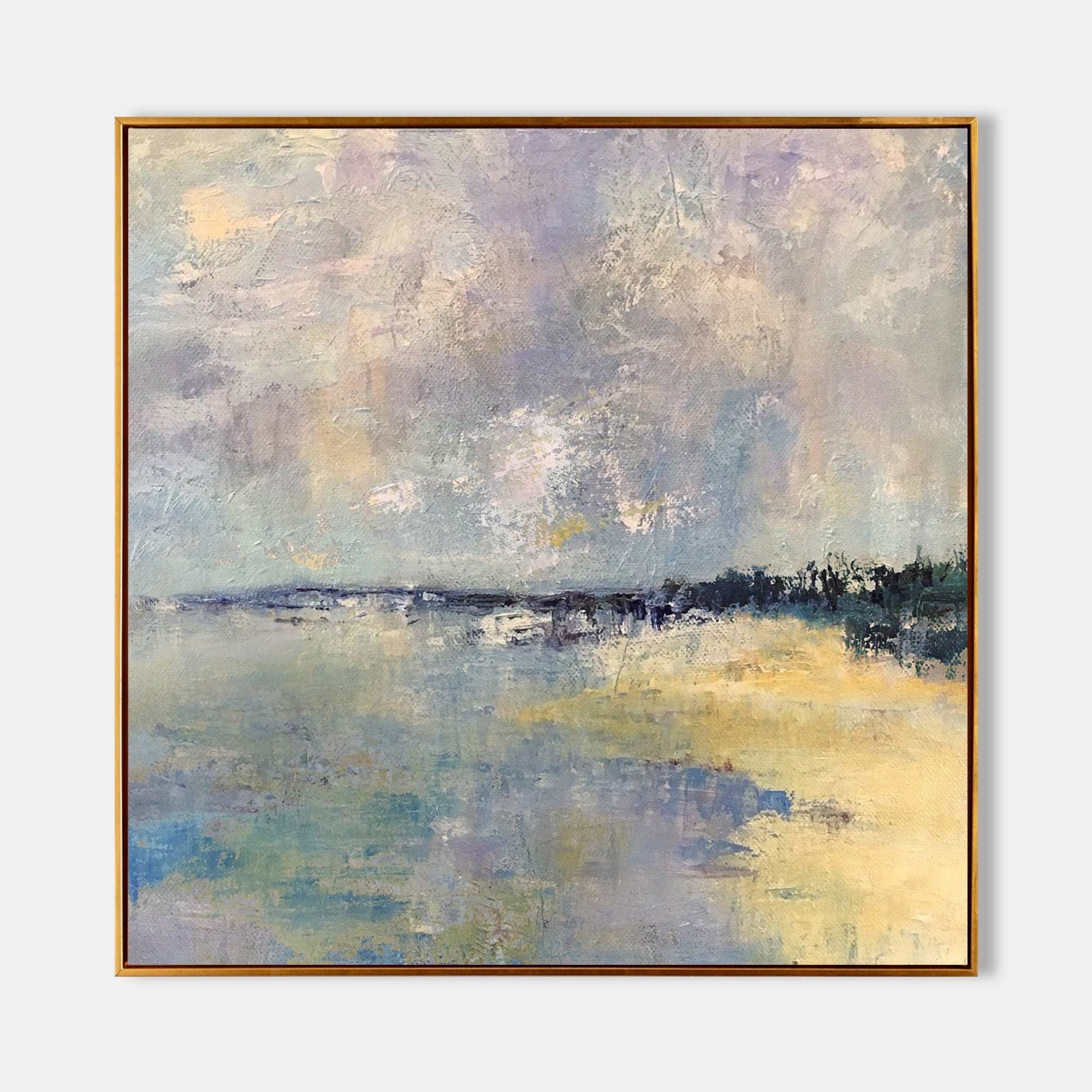 Original hand painted lavender gold abstract coastal oil painting canvas wall art, nordic scandinavian elegant luxury modern living roo