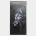 Original hand painted black horse portrait oil painting canvas wall art, dark blue tones elegant luxury modern scandinavian nordic home