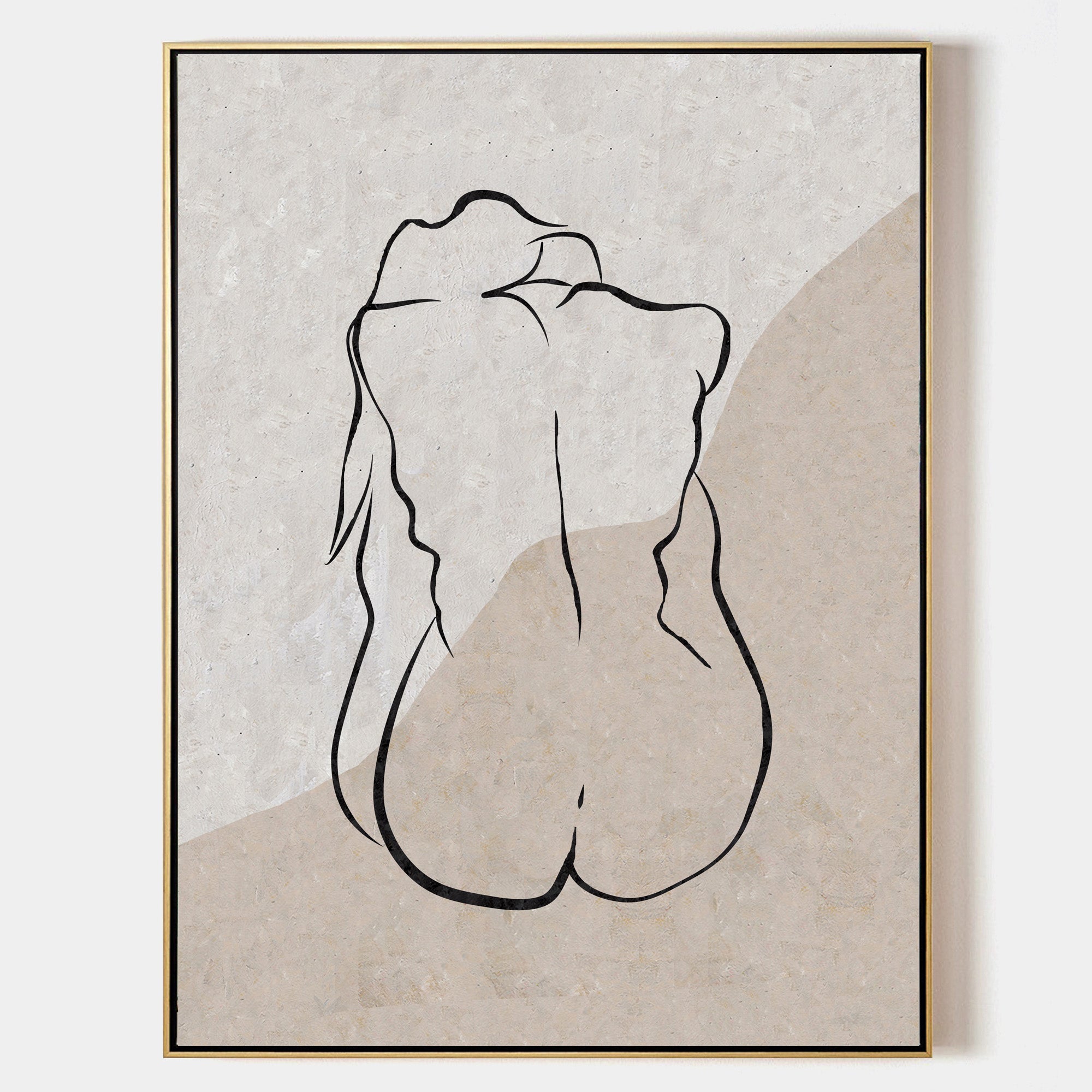 Original hand painted female silhouette oil painting canvas, warm beige sand tones, minimalist scandinavian elegant luxury modern bedro