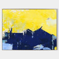 Original hand painted navy blue yellow abstract geometric silhouette oil painting canvas wall art, modern scandinavian elegant luxury i