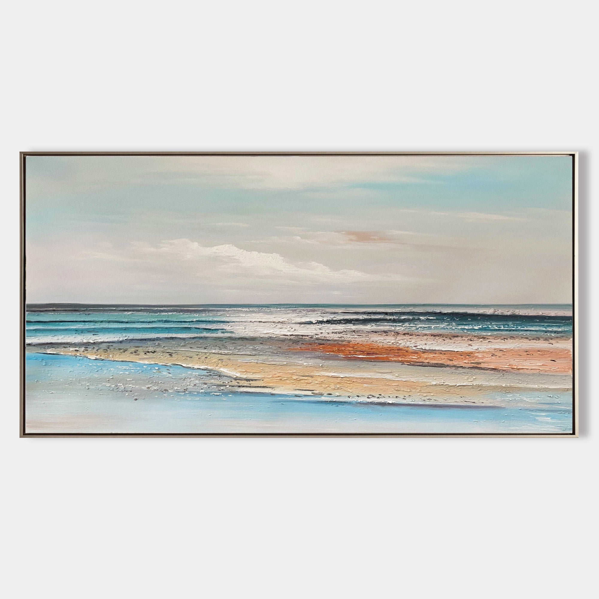 Original hand painted coastal abstract oil painting, aqua teal sandy gold beach seascape canvas wall art, nordic scandinavian elegant l