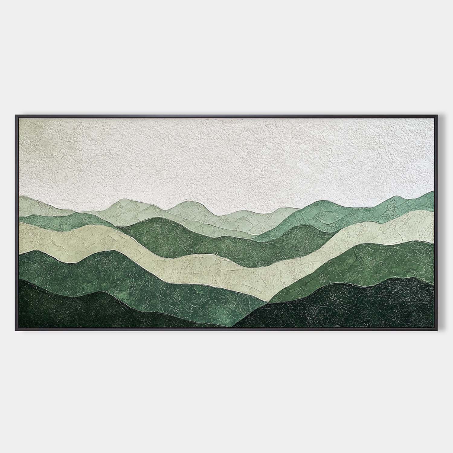 Original hand painted sage forest green layered mountain abstract oil painting canvas wall art, nordic scandinavian minimalist elegant