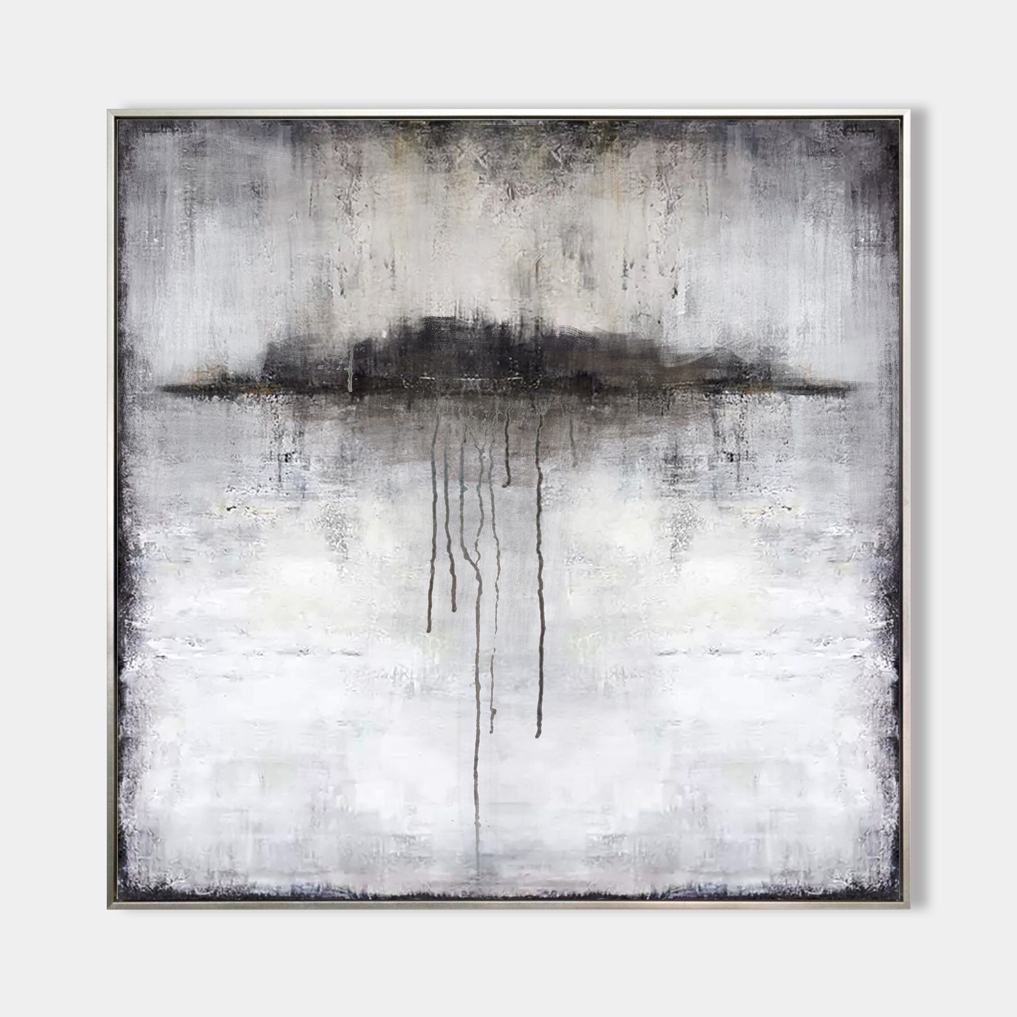 Original hand painted charcoal grey abstract oil painting canvas, dark cloud drip texture, minimalist nordic scandinavian elegant luxur