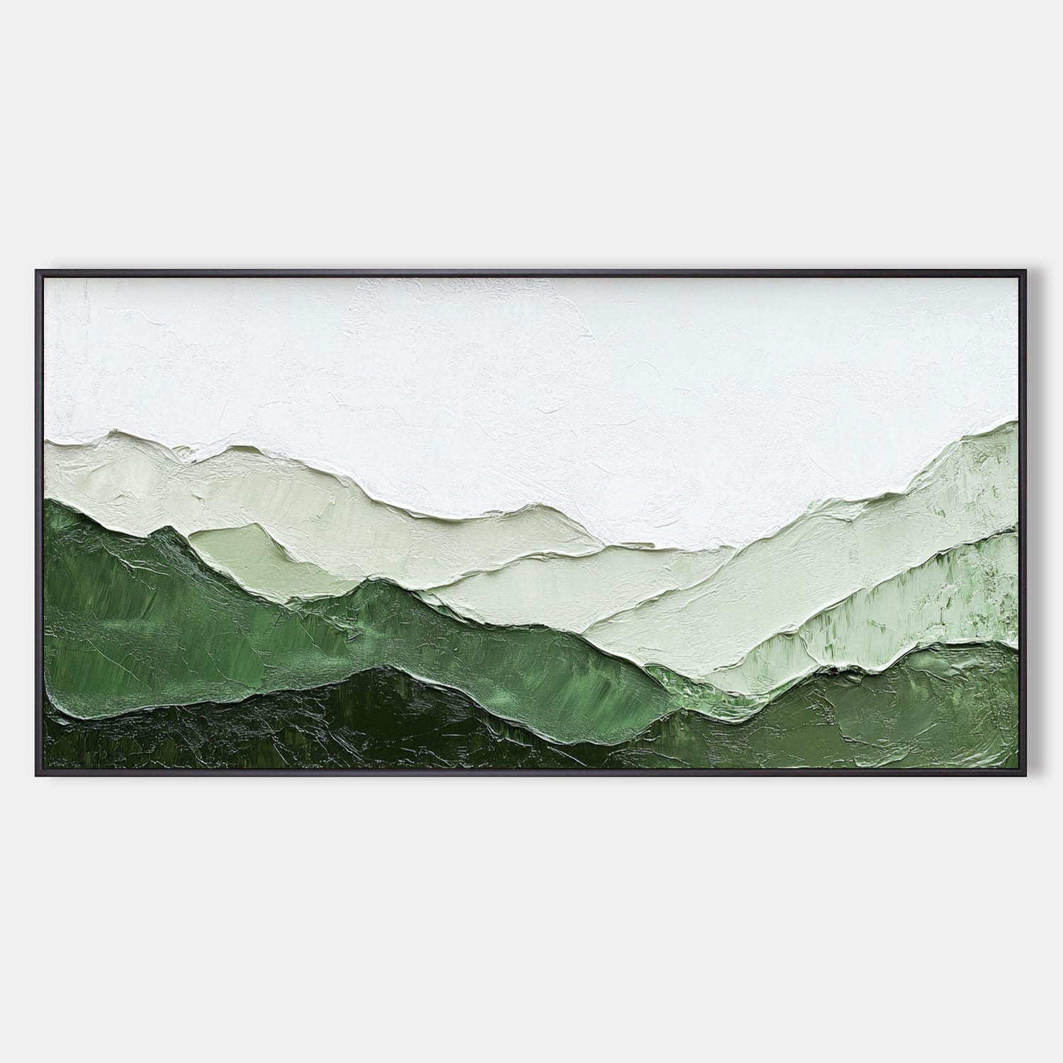 Original hand painted green abstract mountain landscape oil painting canvas wall art, nordic scandinavian minimalist elegant luxury mod