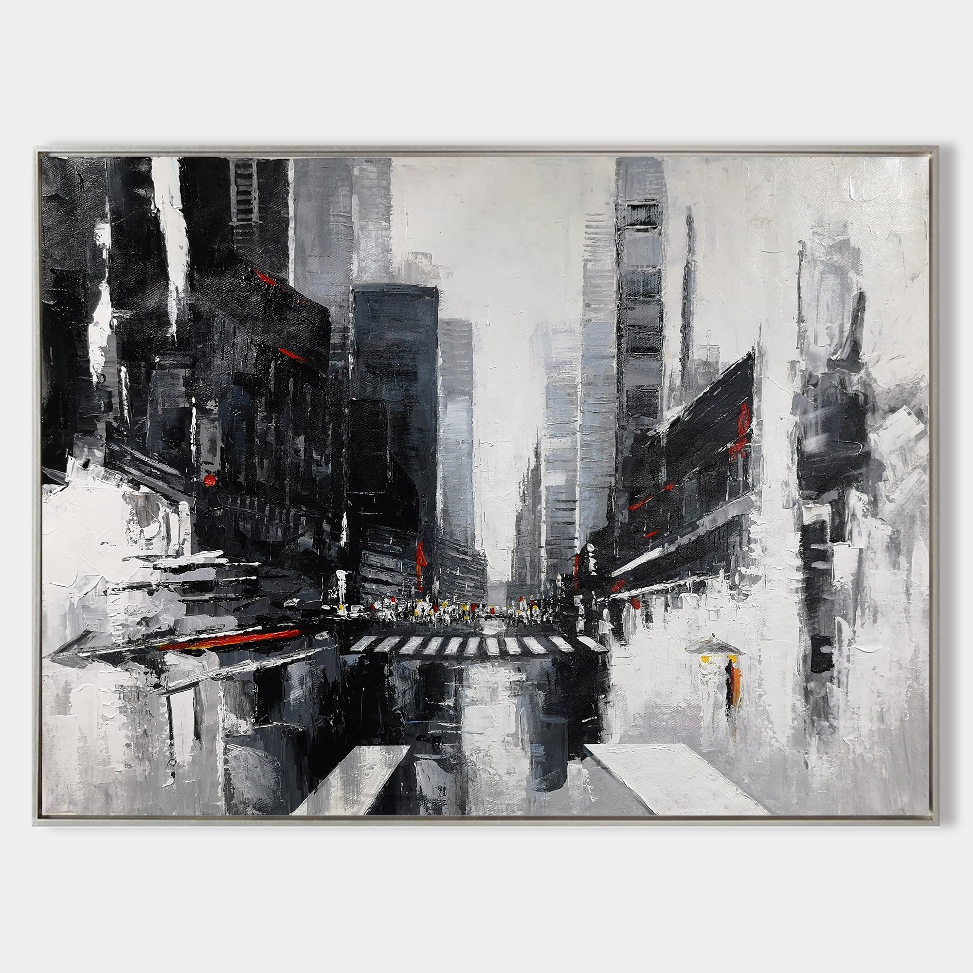 Original hand painted black white abstract city oil painting canvas wall art, modern elegant luxury nordic scandinavian interior design