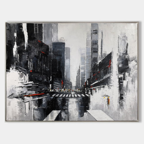 Original hand painted black white abstract city oil painting canvas wall art, modern elegant luxury nordic scandinavian interior design