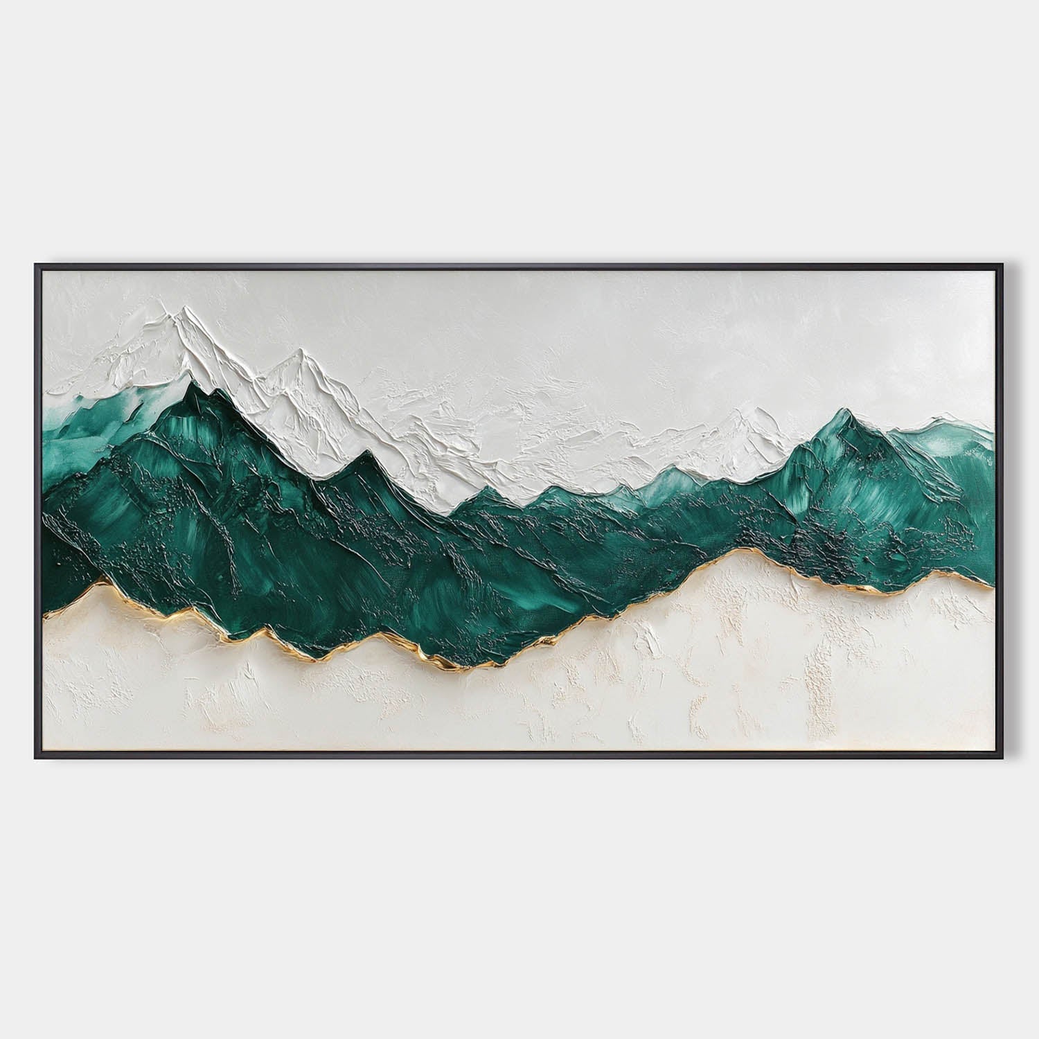 Original hand painted teal emerald mountain abstract oil painting canvas wall art, gold accents nordic scandinavian minimalist elegant