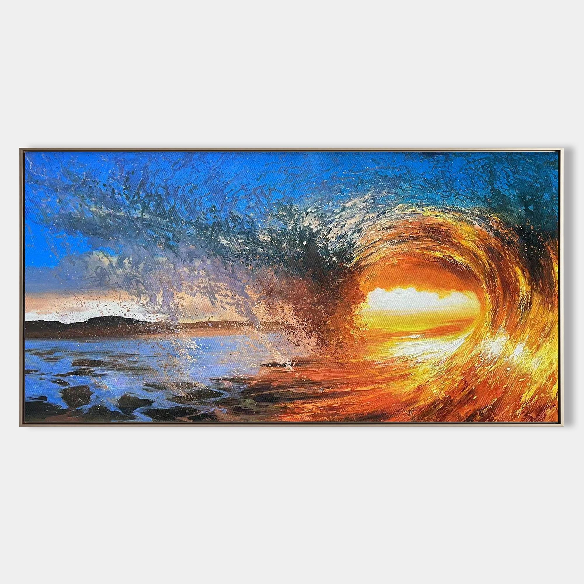 Original hand painted ocean wave oil painting canvas wall art, fiery amber sunset tunnel cobalt blue spray elegant luxury modern coasta