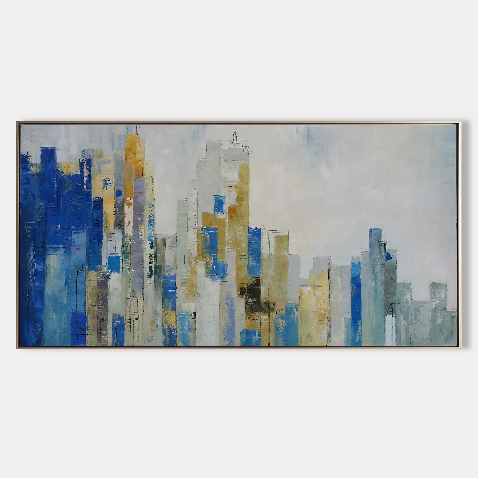 Original hand painted abstract city skyline oil painting canvas, cobalt blue gold grey tones, elegant luxury modern nordic scandinavian