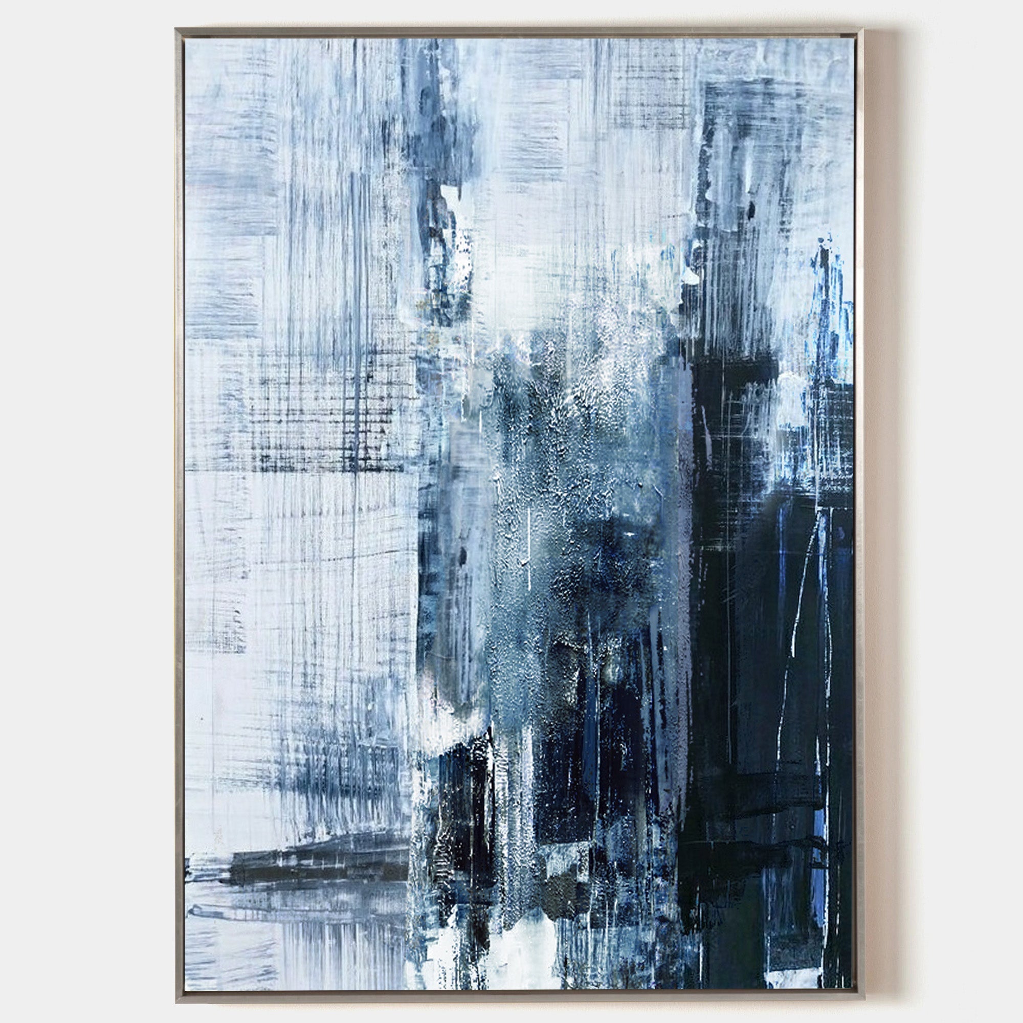 Original hand painted navy blue abstract oil painting canvas wall art, textured nordic scandinavian elegant luxury modern living room h