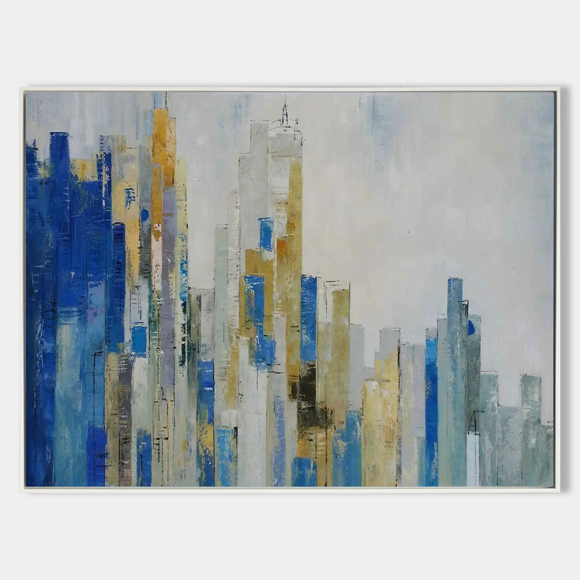 Original hand painted abstract city skyline oil painting canvas, cobalt blue gold ivory geometric modern nordic elegant luxury wall art