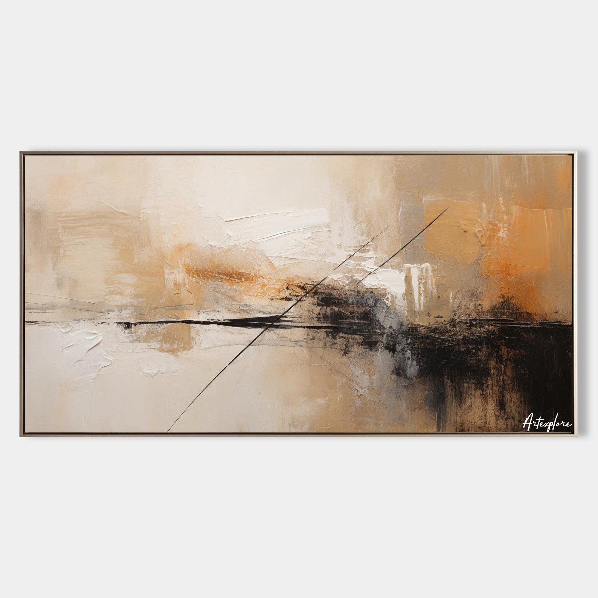 Original hand painted amber beige charcoal abstract oil painting canvas wall art, nordic scandinavian elegant luxury modern living room