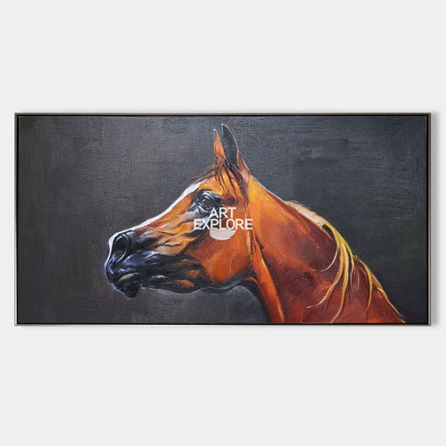 Original hand painted chestnut Arabian horse portrait oil painting canvas wall art, elegant luxury modern nordic scandinavian home deco