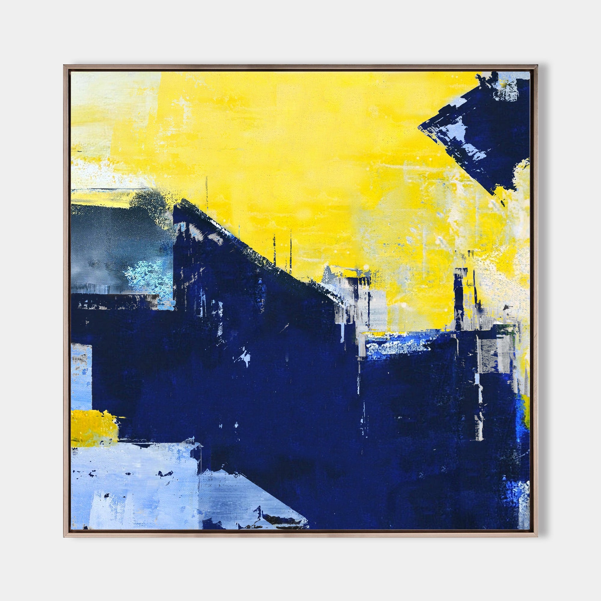 Original hand painted navy blue yellow geometric abstract oil painting canvas wall art, modern scandinavian elegant luxury bold home de
