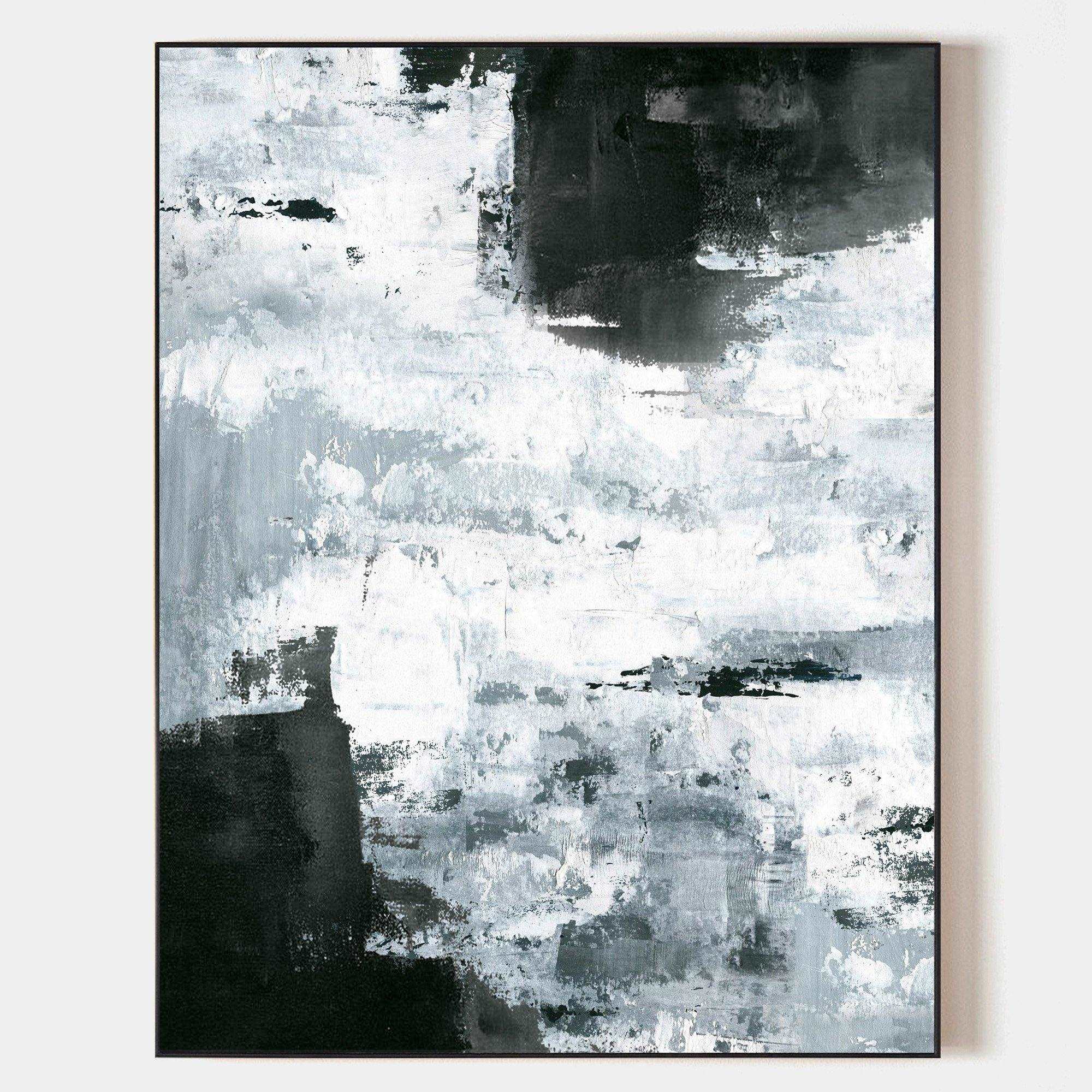 Original hand painted black white grey textured abstract oil painting canvas wall art, nordic scandinavian elegant luxury modern home d