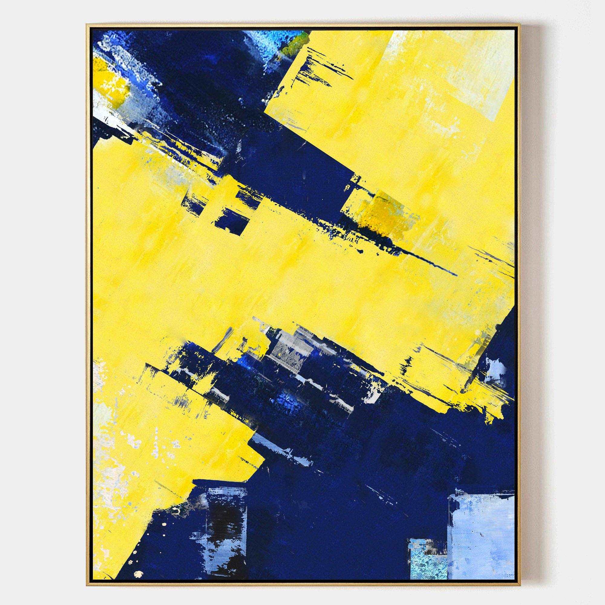 Original hand painted yellow navy blue bold abstract oil painting canvas wall art, modern elegant luxury scandinavian nordic geometric
