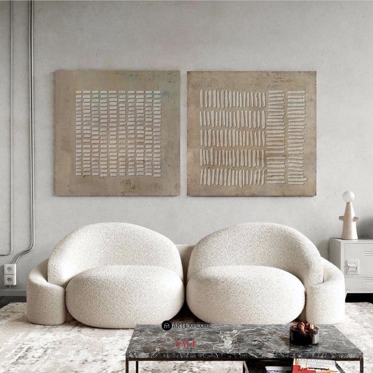 Original hand painted sand beige textured geometric relief abstract oil painting canvas set of 2 nordic scandinavian minimalist elegant