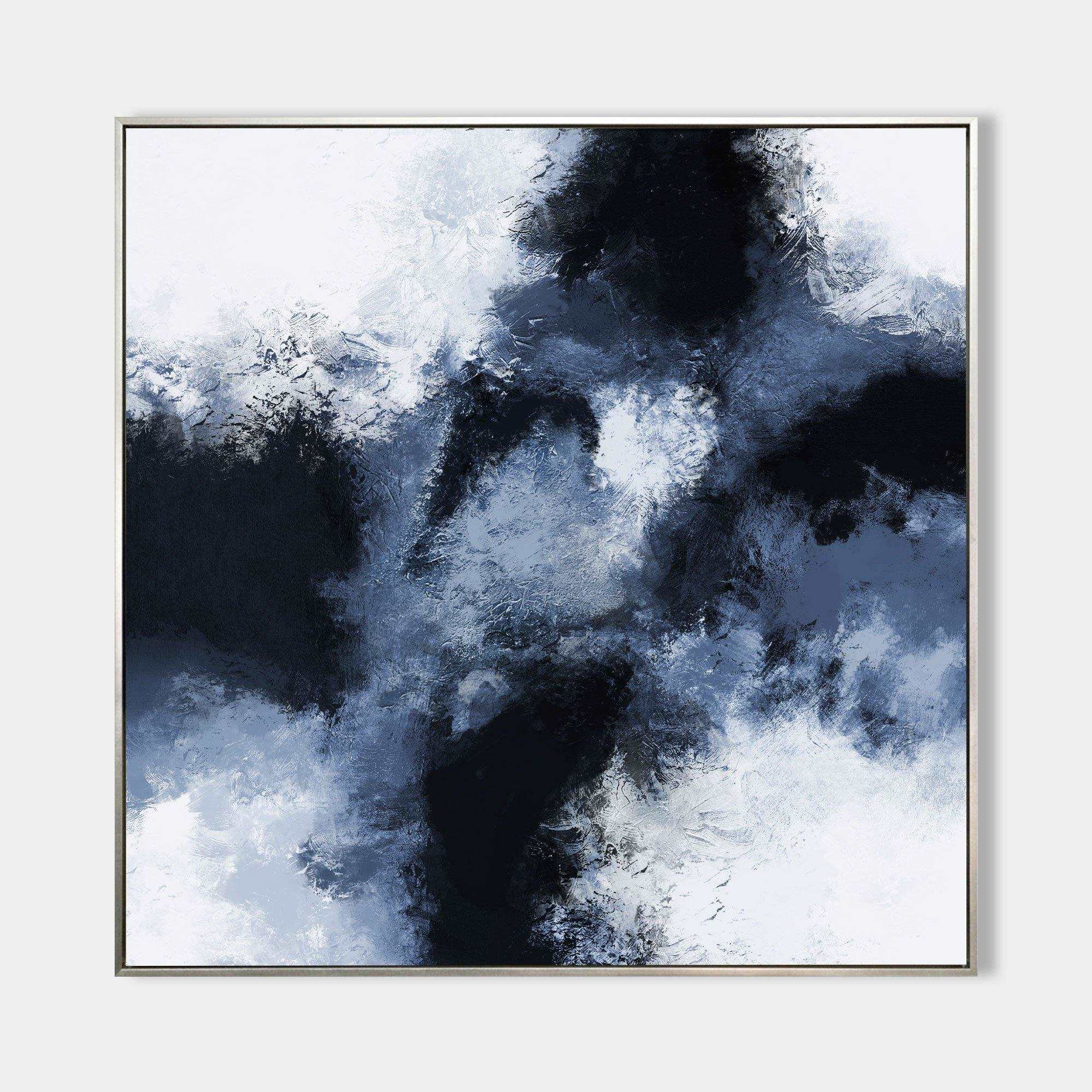Original hand painted navy charcoal white abstract cloud oil painting canvas wall art, nordic scandinavian elegant luxury modern living