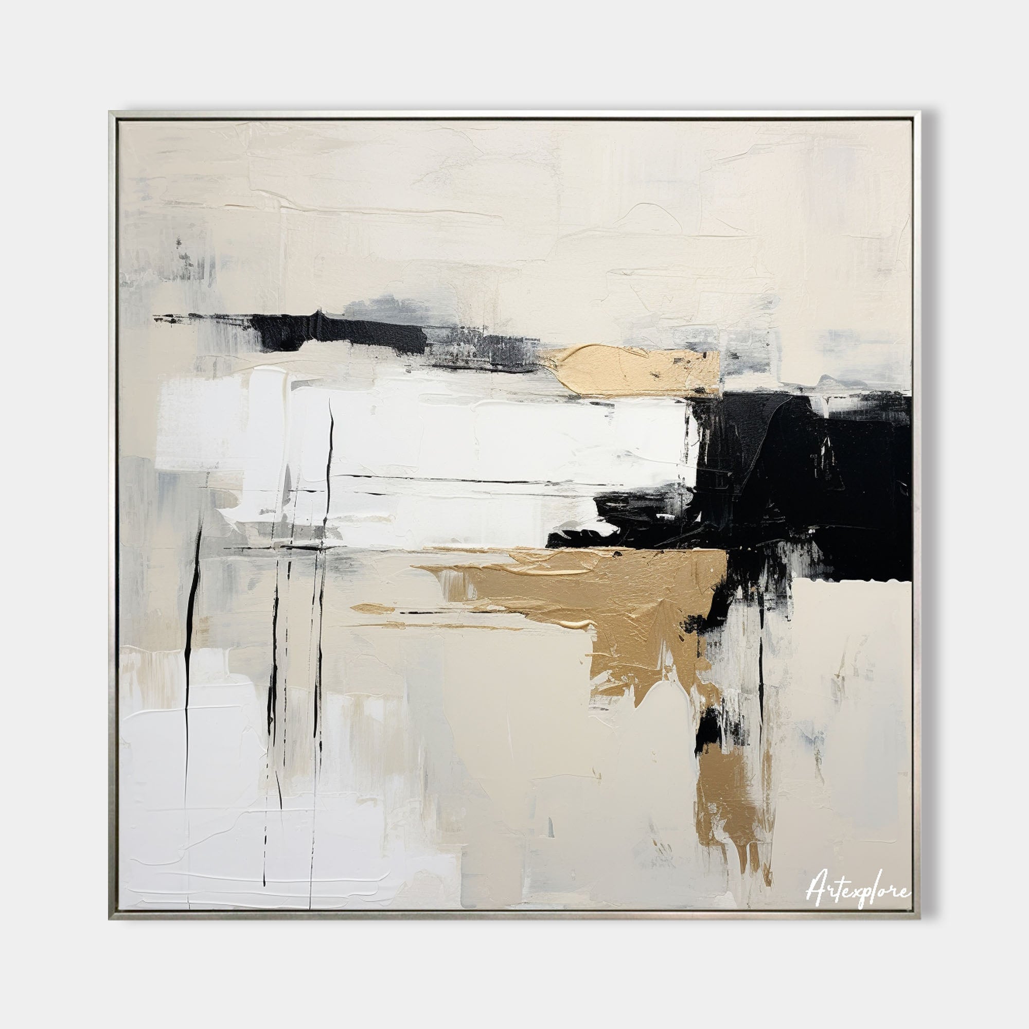 Original hand painted ivory black gold abstract oil painting canvas wall art, nordic scandinavian minimalist elegant luxury modern livi