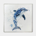 Original hand painted blue dolphin abstract oil painting canvas wall art, coastal nordic scandinavian elegant minimalist luxury modern