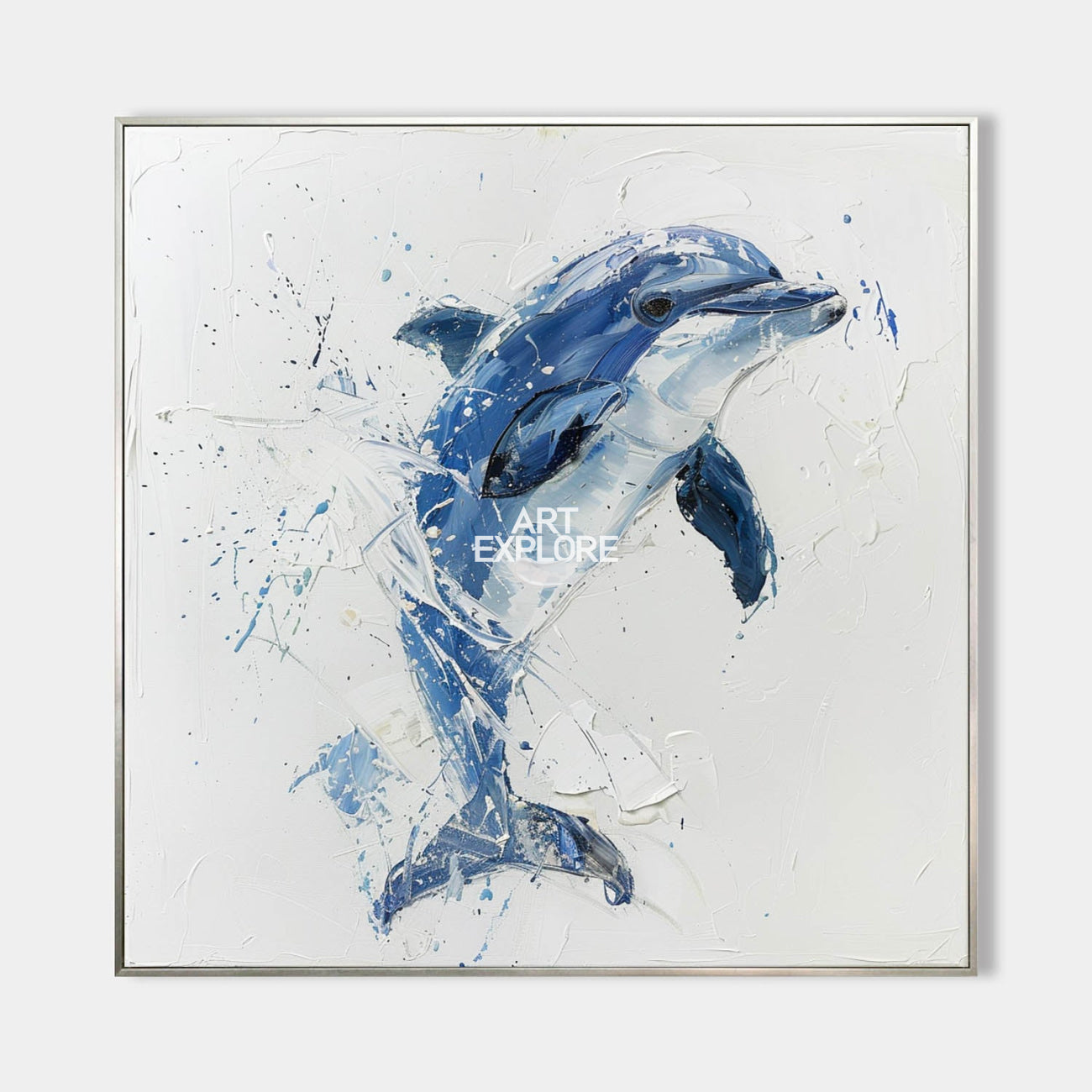 Original hand painted blue dolphin abstract oil painting canvas wall art, coastal nordic scandinavian elegant minimalist luxury modern