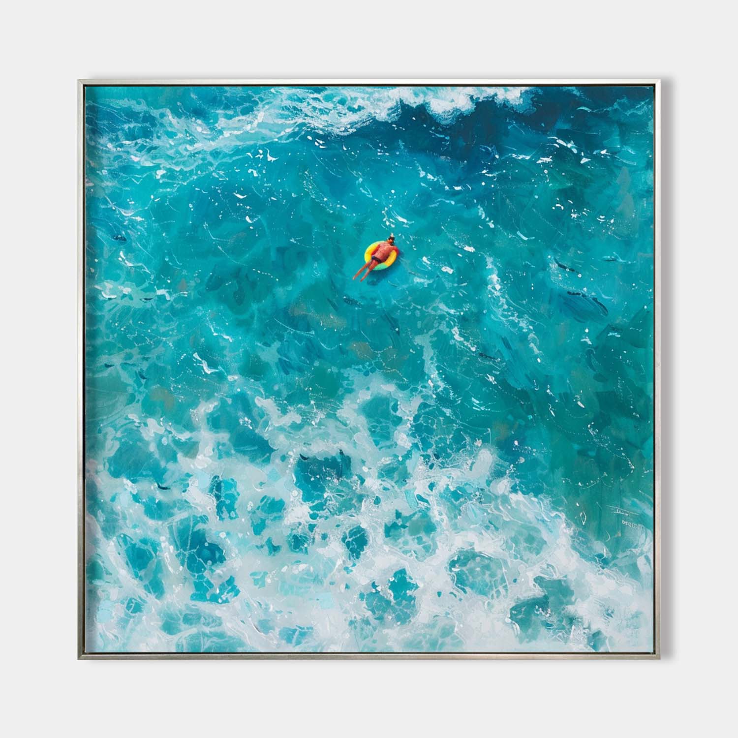 Original hand painted teal abstract coastal oil painting canvas wall art, aerial ocean waves lone swimmer, elegant modern luxury nordic
