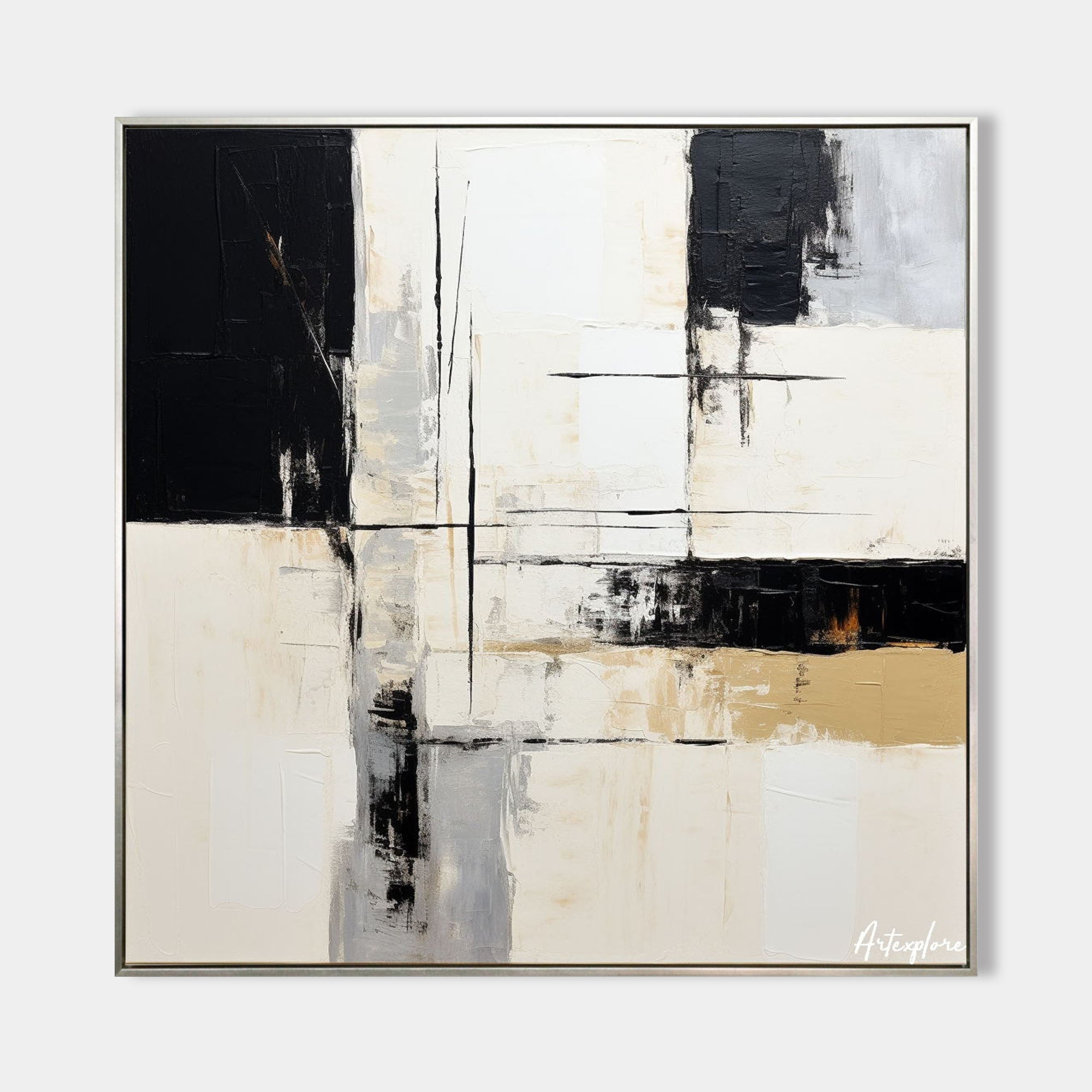 Original hand painted black ivory gold geometric abstract oil painting canvas wall art, nordic scandinavian minimalist elegant luxury m