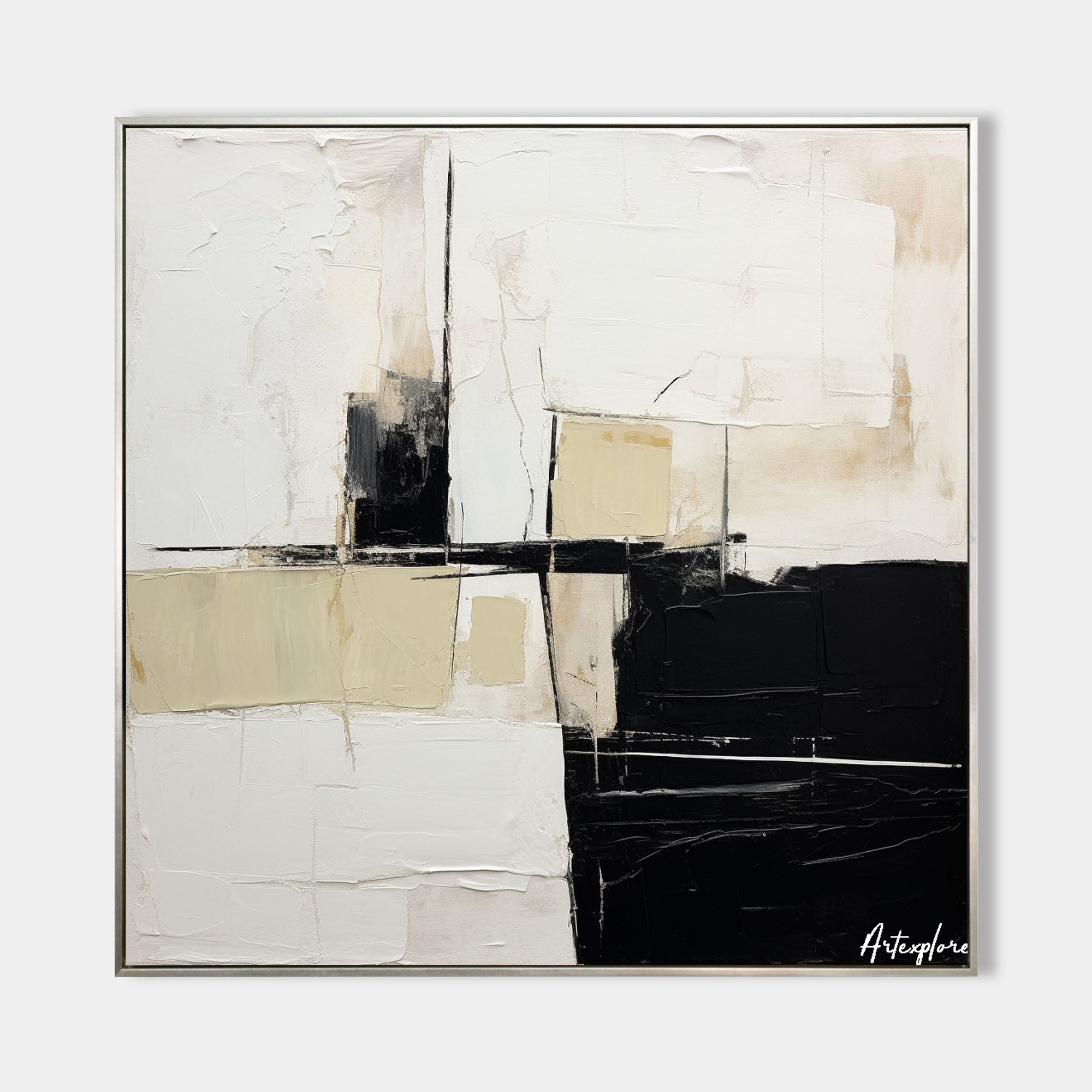 Original hand painted black ivory beige geometric abstract oil painting canvas wall art, nordic scandinavian minimalist elegant luxury