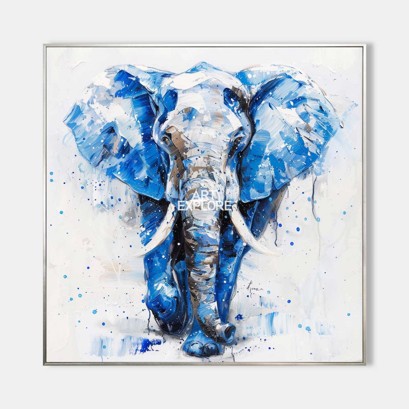 Original hand painted cobalt blue elephant abstract oil painting canvas wall art, bold nordic modern elegant luxury living room home de