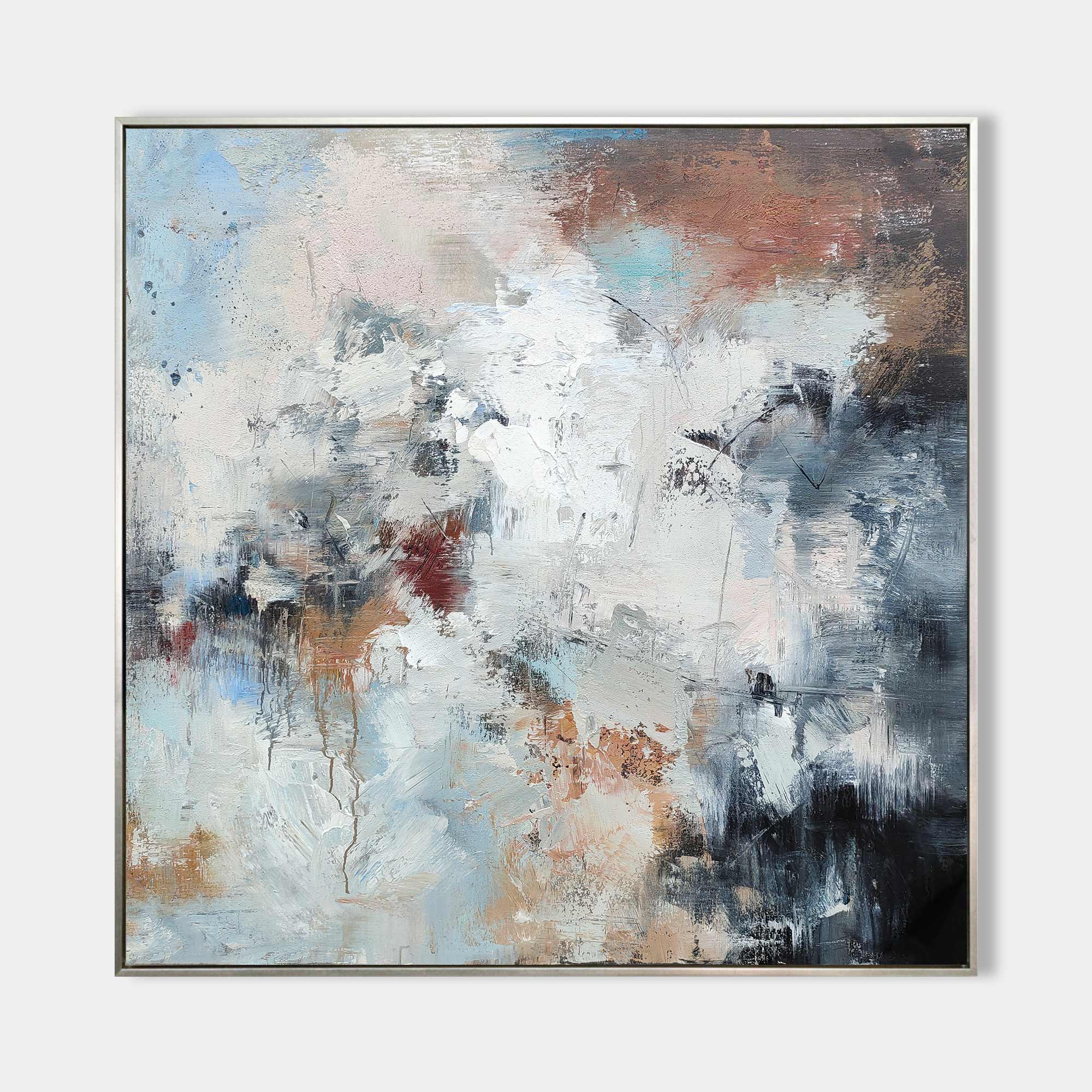 Original hand painted white charcoal abstract cloud oil painting canvas wall art, nordic scandinavian elegant luxury modern living room
