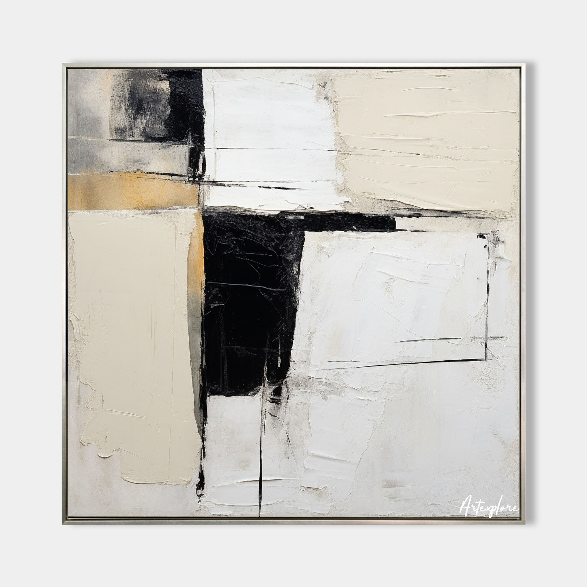 Original hand painted black ivory abstract oil painting canvas wall art, textured geometric nordic scandinavian elegant luxury modern h