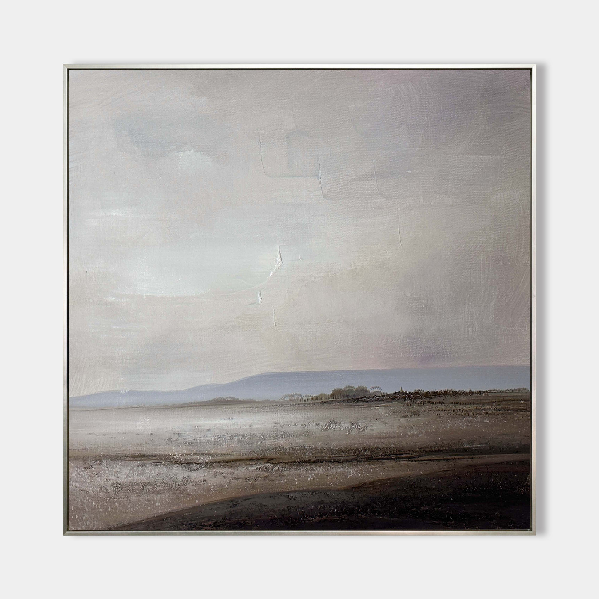 Original hand painted grey taupe coastal landscape oil painting canvas wall art, nordic scandinavian minimalist elegant luxury modern l