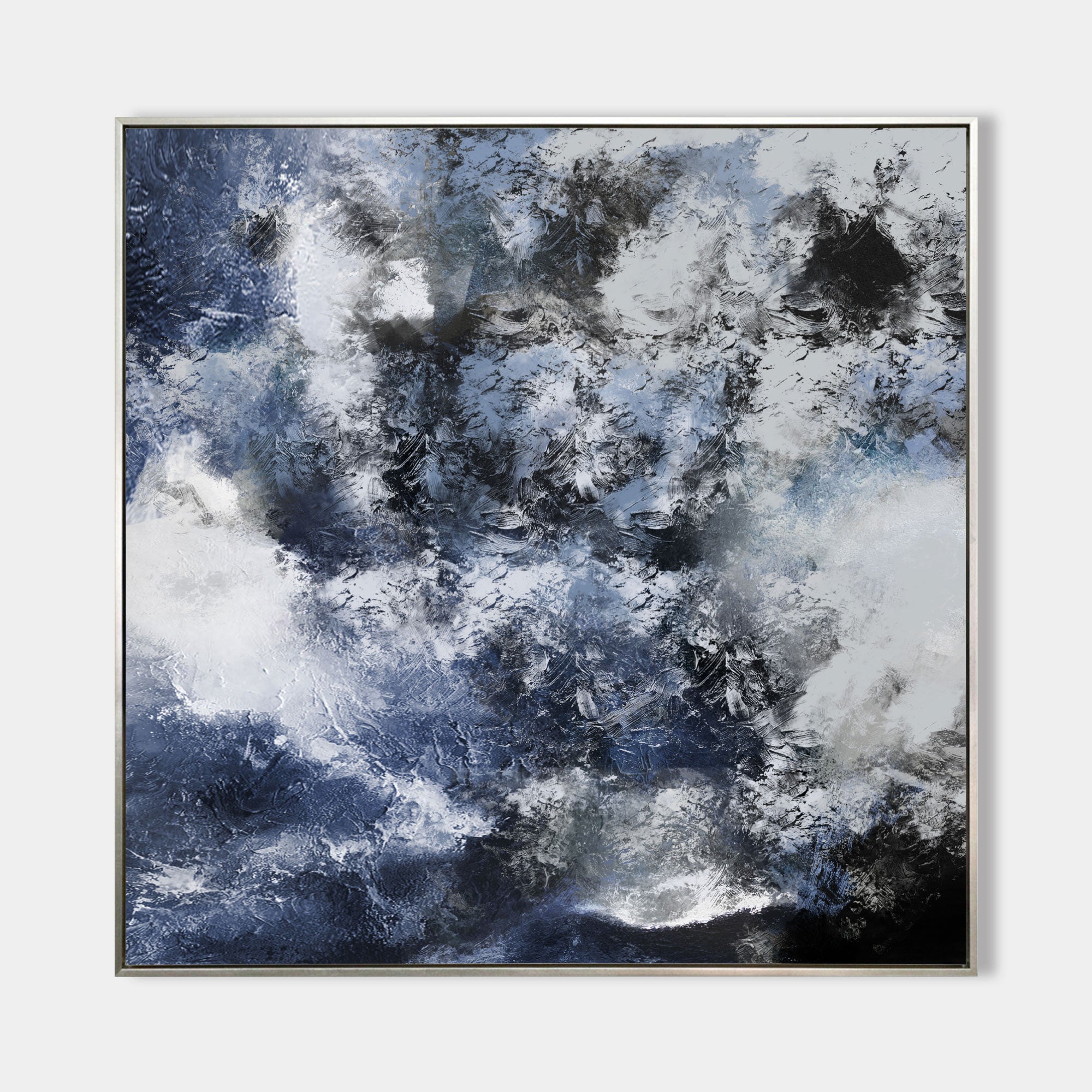 Original hand painted navy blue black white abstract coastal ocean oil painting canvas wall art, scandinavian nordic elegant luxury mod