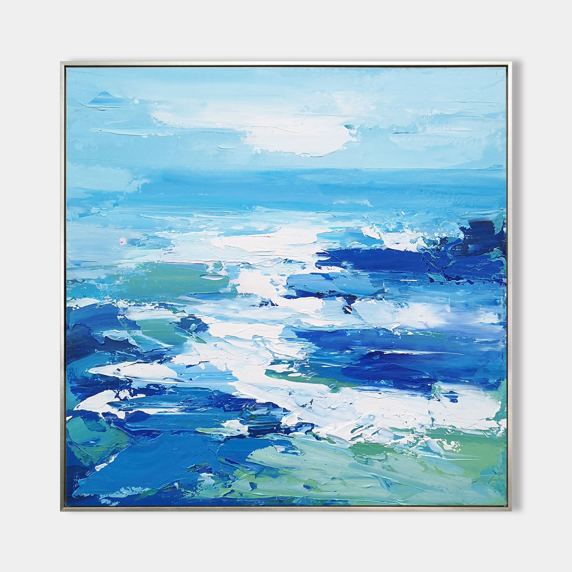 Original hand painted teal cobalt blue abstract coastal ocean oil painting canvas wall art, modern nordic scandinavian elegant luxury h