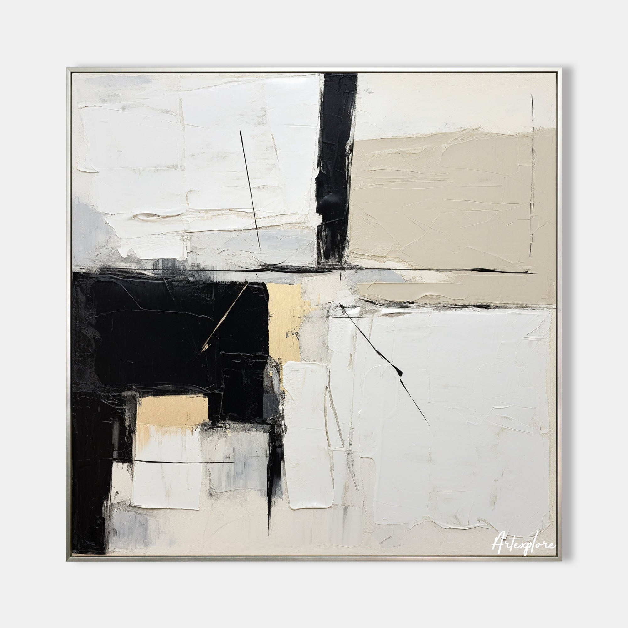 Original hand painted black ivory beige geometric abstract oil painting canvas wall art, nordic scandinavian minimalist elegant luxury