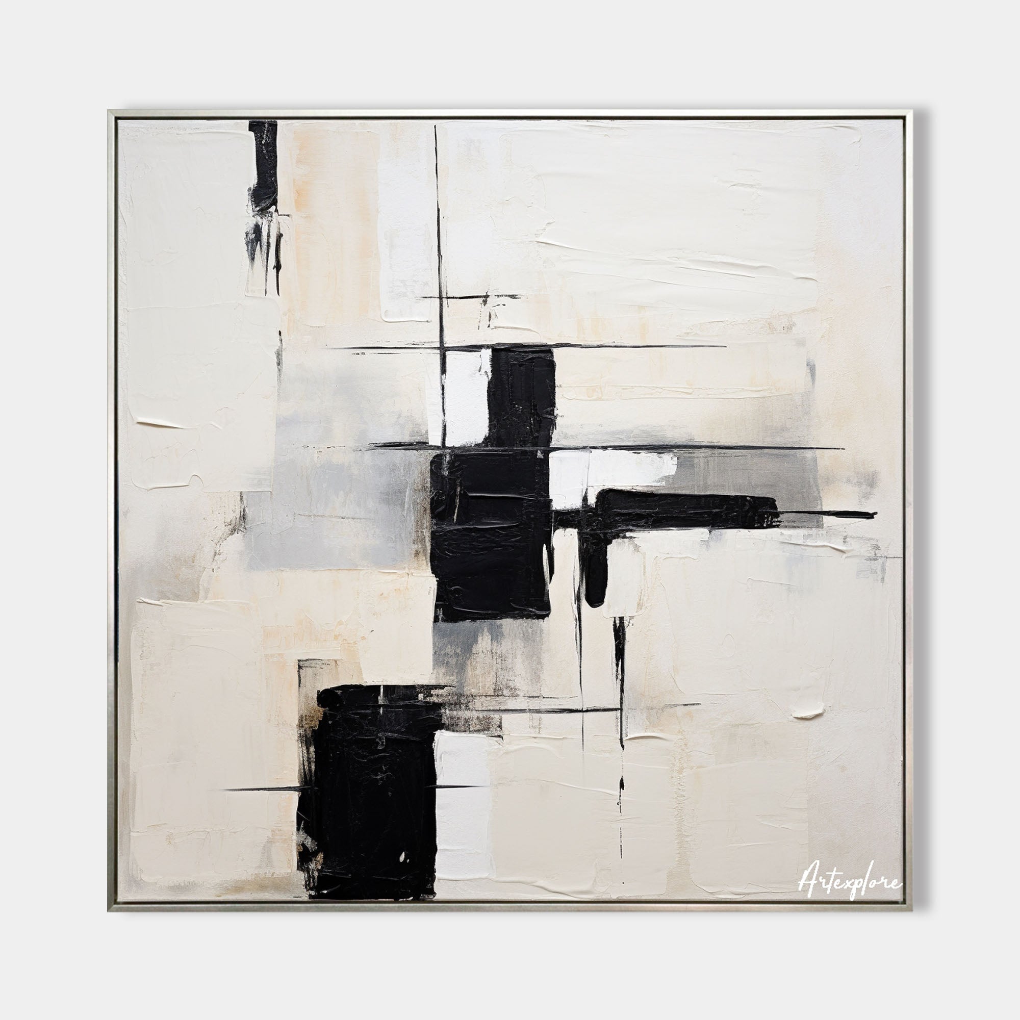 Original hand painted black ivory abstract oil painting canvas wall art, textured geometric nordic scandinavian minimalist elegant luxu