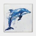 Original hand painted cobalt blue dolphin abstract oil painting canvas wall art, coastal elegant luxury modern scandinavian home decor