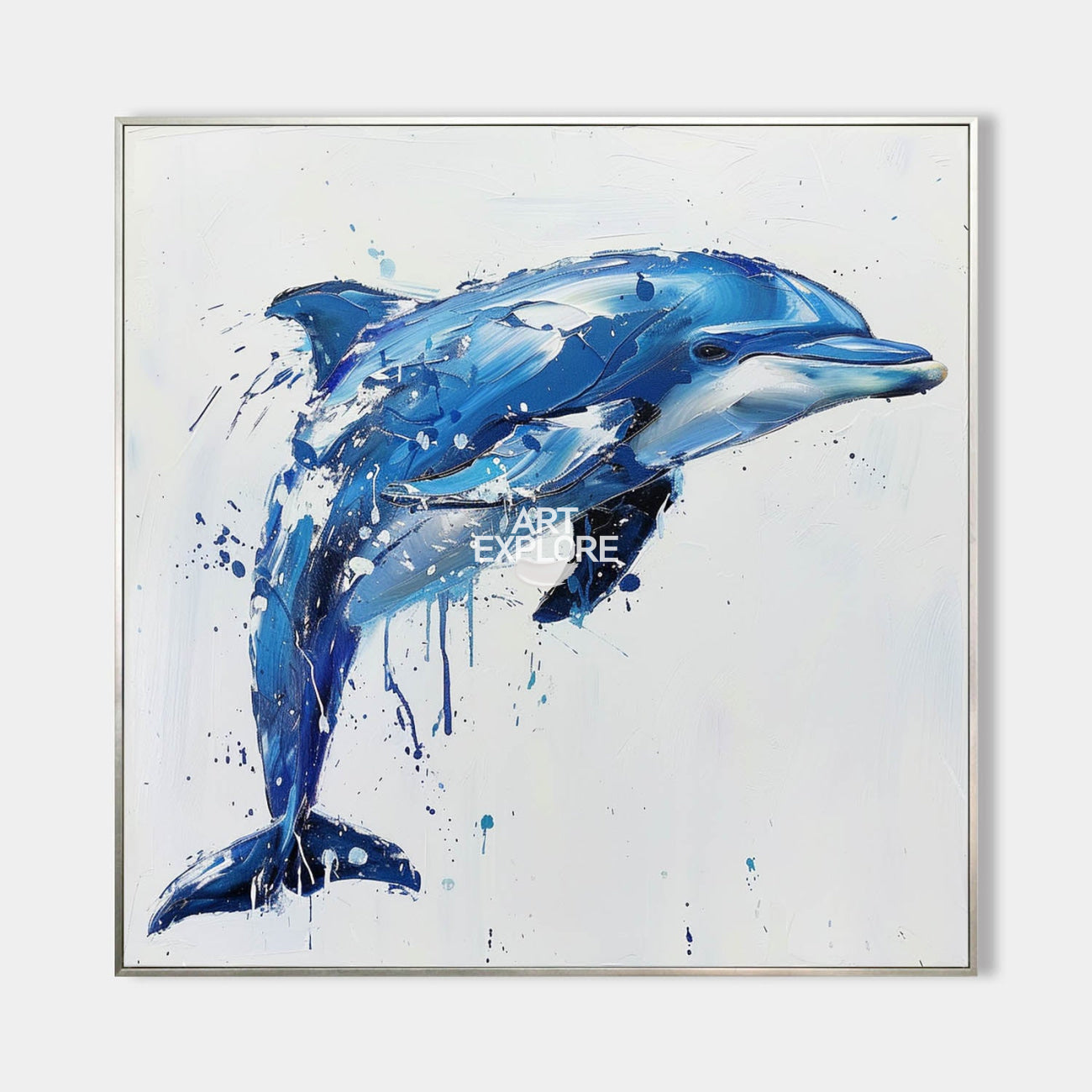 Original hand painted cobalt blue dolphin abstract oil painting canvas wall art, coastal elegant luxury modern scandinavian home decor