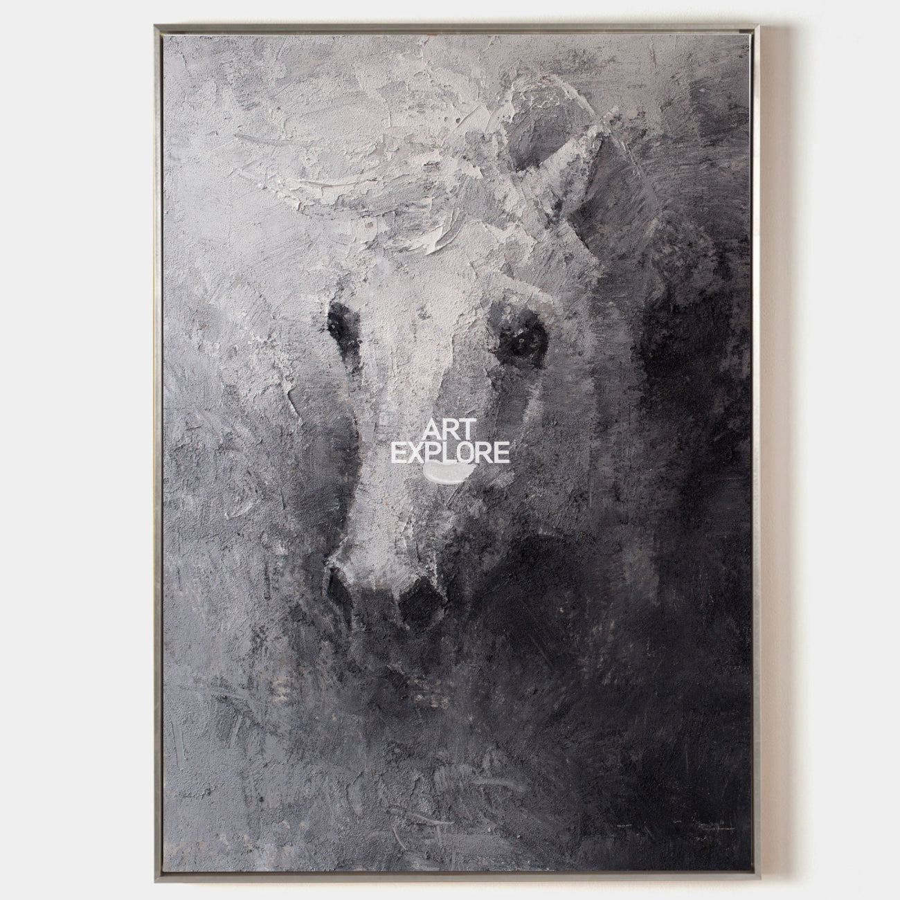 Original hand painted charcoal grey abstract horse oil painting canvas wall art, nordic scandinavian elegant luxury modern living room