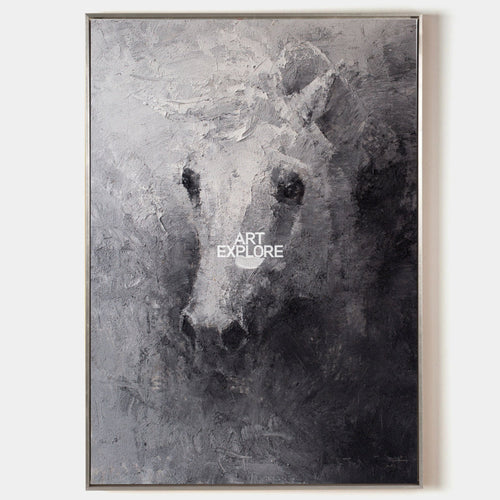 Original hand painted charcoal grey abstract horse oil painting canvas wall art, nordic scandinavian elegant luxury modern living room
