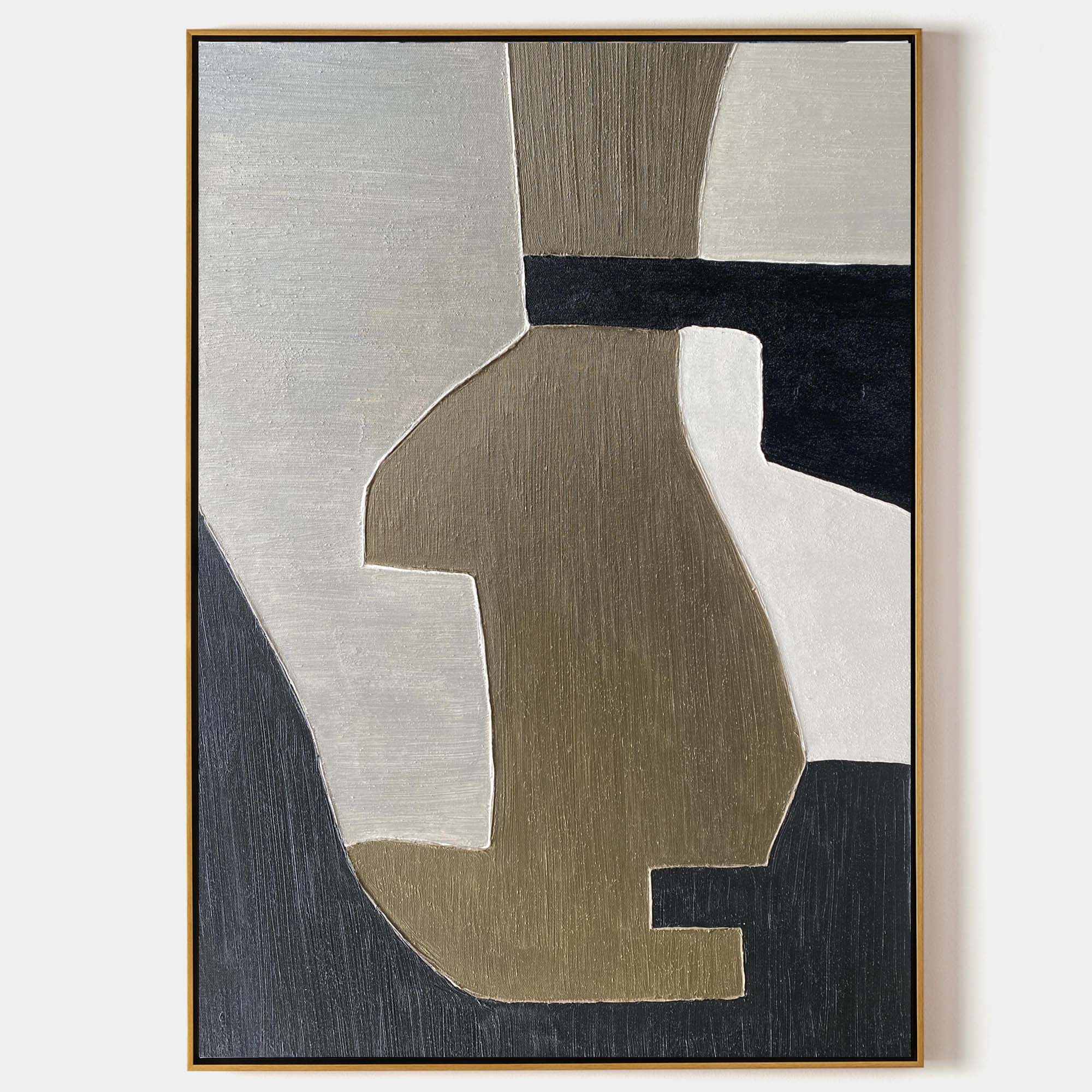 Original hand painted charcoal black taupe ivory geometric abstract oil painting canvas wall art, nordic scandinavian elegant luxury mo
