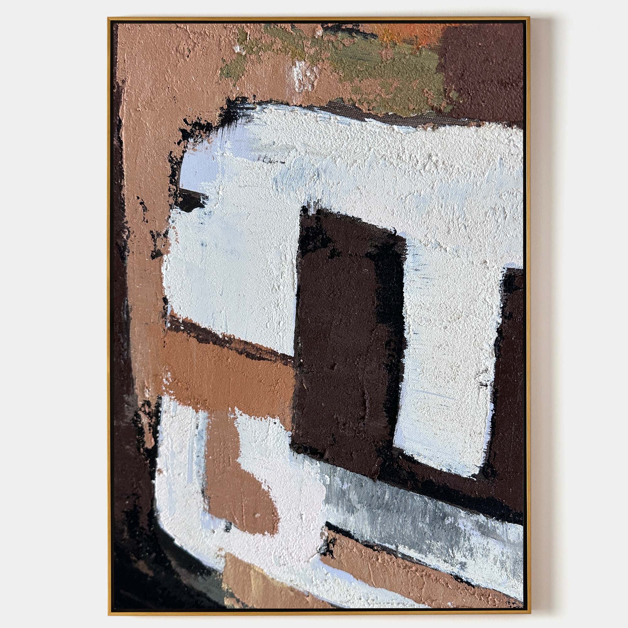 Original hand painted sienna brown white geometric abstract oil painting canvas wall art, nordic minimalist elegant luxury modern inter