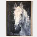 Original hand painted white horse abstract oil painting canvas wall art, dark charcoal nordic scandinavian elegant luxury modern living