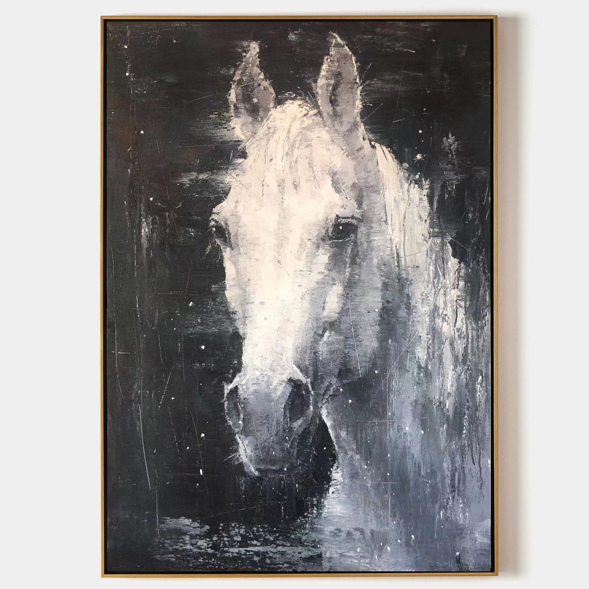 Original hand painted white horse abstract oil painting canvas wall art, dark charcoal nordic scandinavian elegant luxury modern living