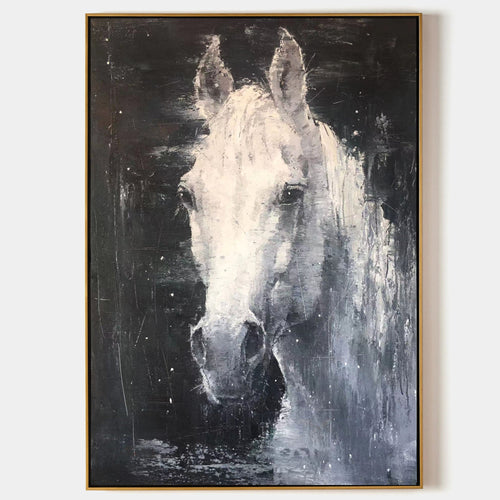 Original hand painted white horse abstract oil painting canvas wall art, dark charcoal nordic scandinavian elegant luxury modern living
