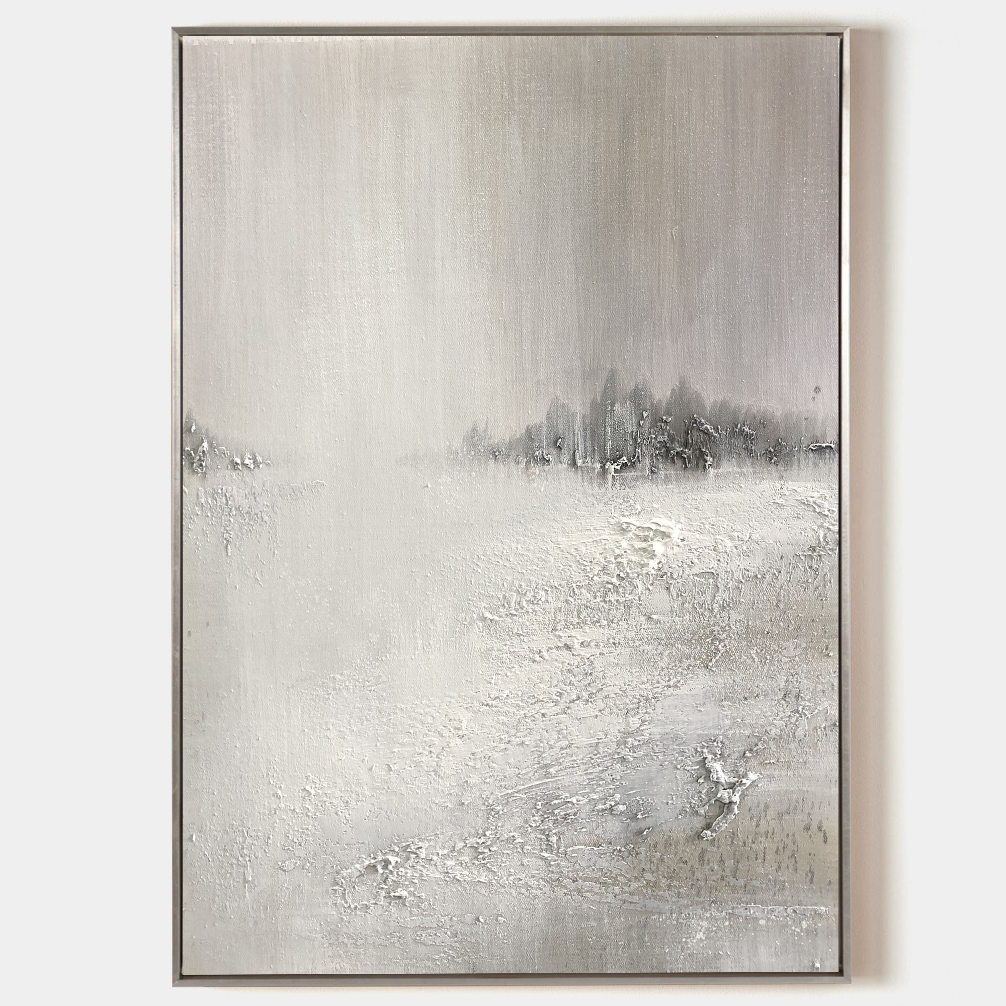 Original hand painted silver grey misty nordic forest landscape oil painting canvas wall art, scandinavian minimalist elegant luxury mo
