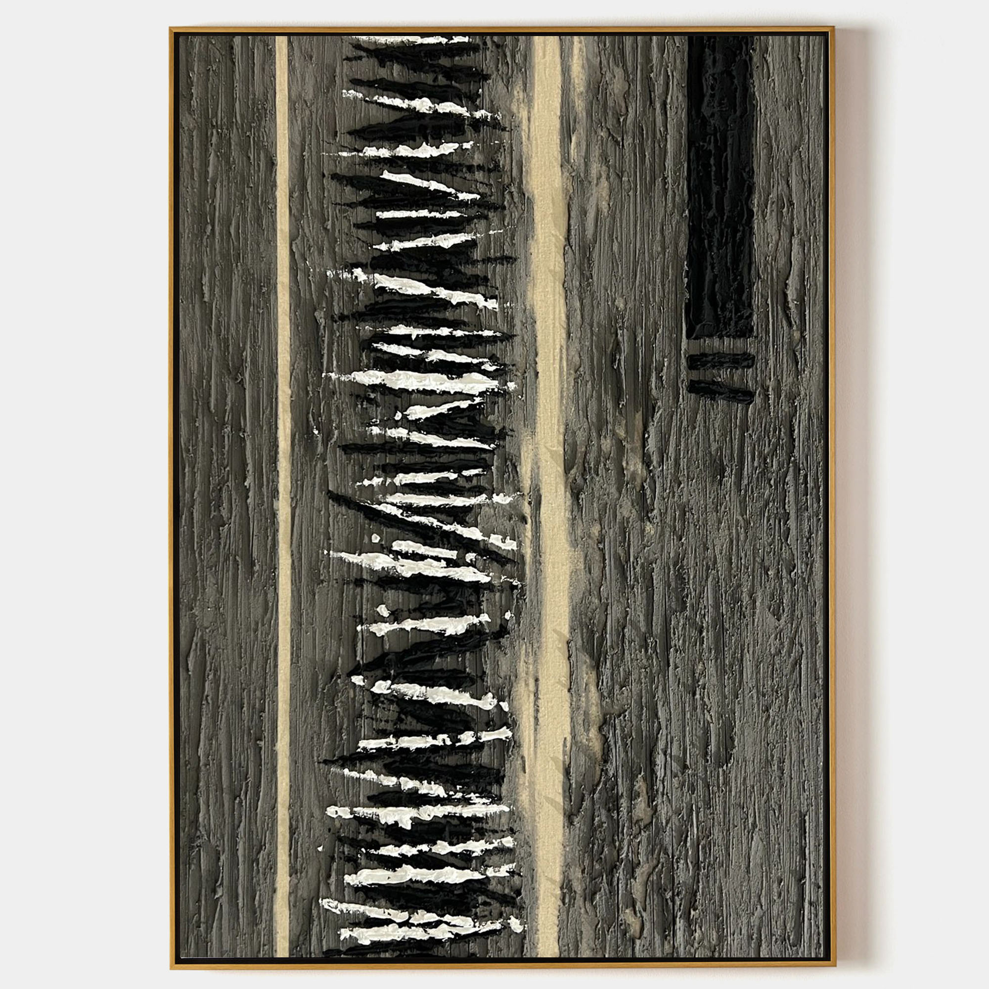 Original hand painted charcoal black white textured abstract oil painting canvas wall art, nordic scandinavian minimalist elegant luxur